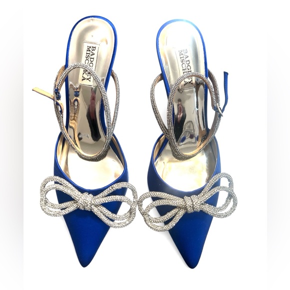 Badgley Mischka Shoes - Badgley Mischka Jasmine Royal Blue Satin Point Toe Slingback Heels with Crystal